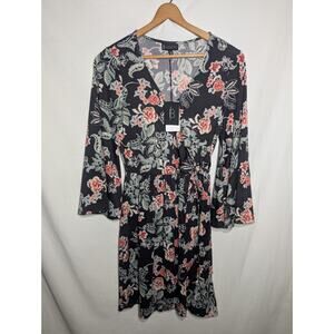 Bobeau Womens Floral Faux Wrap Dress XS Feminine Romantic Boho Flare Sleeve‎